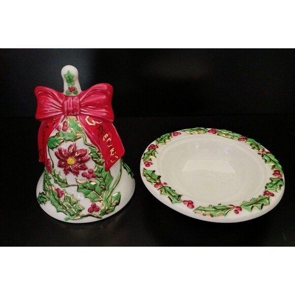 Holiday Bell 9" Candy Dish Vintage 1970's Christmas Ceramic Seasons Greetings - Picture 3 of 14